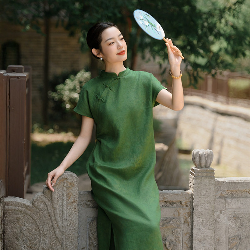 新中式女装夏季新款短袖亚麻印花连衣裙中国风复古改良旗袍