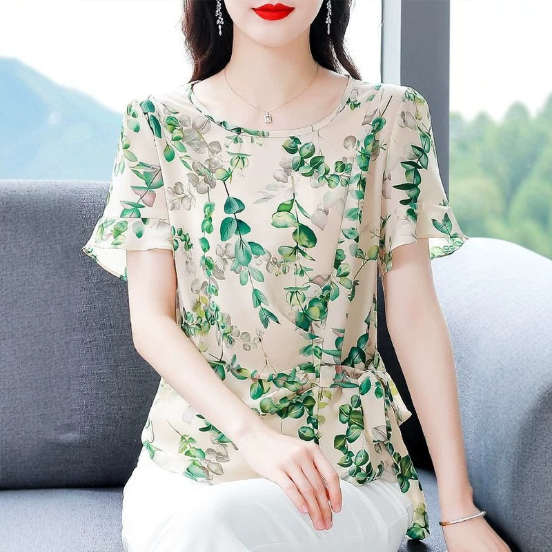 2026新款夏装年轻妈妈宽松遮肚雪纺衫女短袖别致漂亮收腰碎花上衣