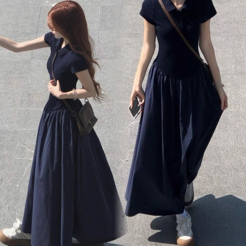 法式夏季大摆裙松弛感长裙子休闲polo领短袖气质女拼接连衣裙慵懒