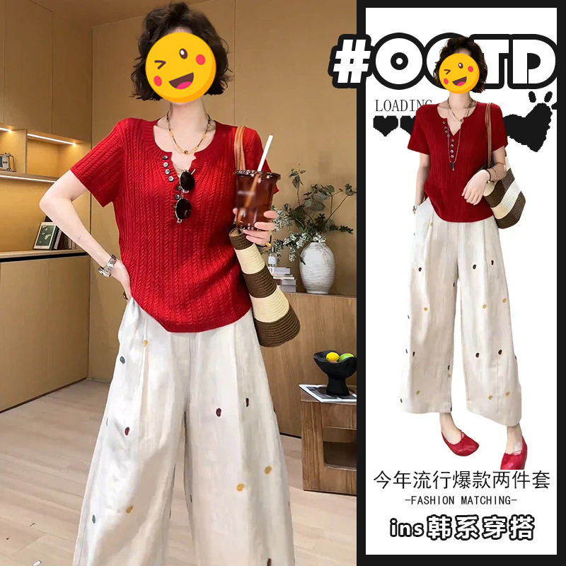 单件/2026夏季新款欧美显气质红色短袖上衣印花休闲裤日常穿搭潮