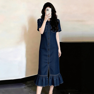 夏季法式轻熟风减龄时髦宽松遮胯连衣裙小个子荷叶边宽松中长裙子