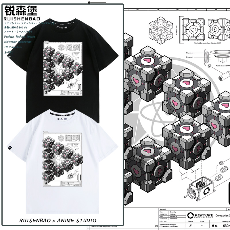 传送门2光圈科技Aperture实验室valve游戏纯棉短袖T恤夏季男宽松