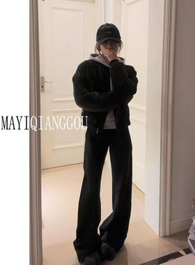 175高个子加长黑色直筒西装阔腿裤女高腰垂感宽松显瘦休闲拖地裤