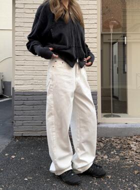 川川也白色阔腿收脚牛仔裤男女美式覆古休闲百搭新款简约高级长裤