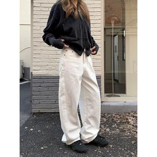 川川也白色阔腿收脚牛仔裤男女美式覆古休闲百搭新款简约高级长裤
