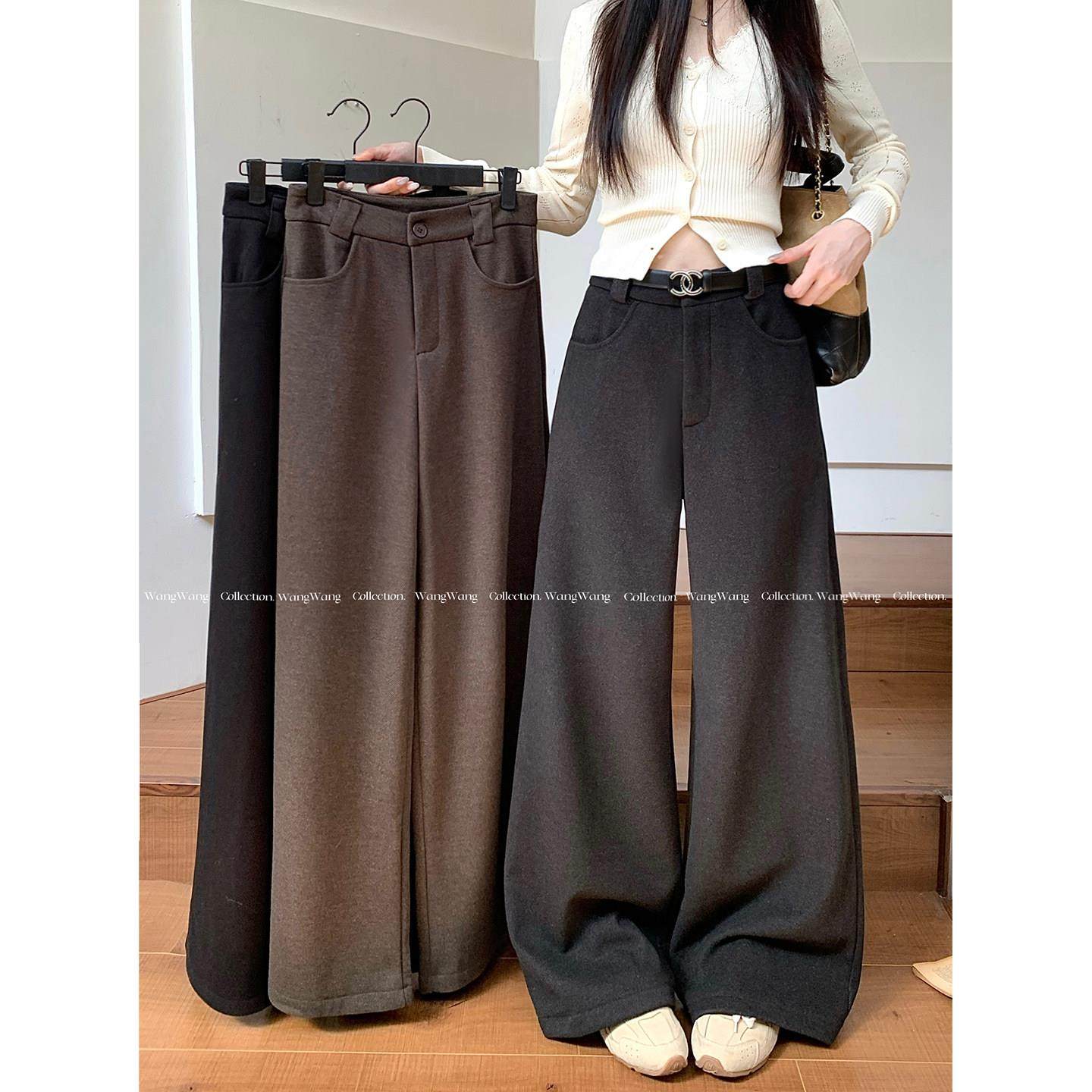 灰色加绒毛呢西装裤咖色休闲裤直筒裤女冬季高腰显瘦阔腿裤拖地裤