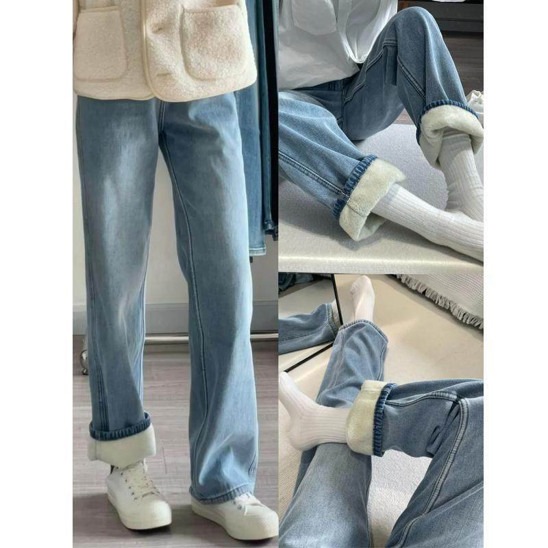 加绒加厚直筒牛仔裤女2024秋冬新款大码胖mm高腰遮胯显瘦阔腿裤子