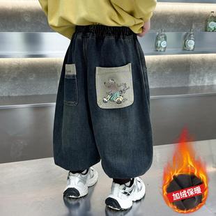 男童加绒牛仔裤秋冬款2025新款儿童痞帅一体绒裤子宝宝炸街灯笼裤