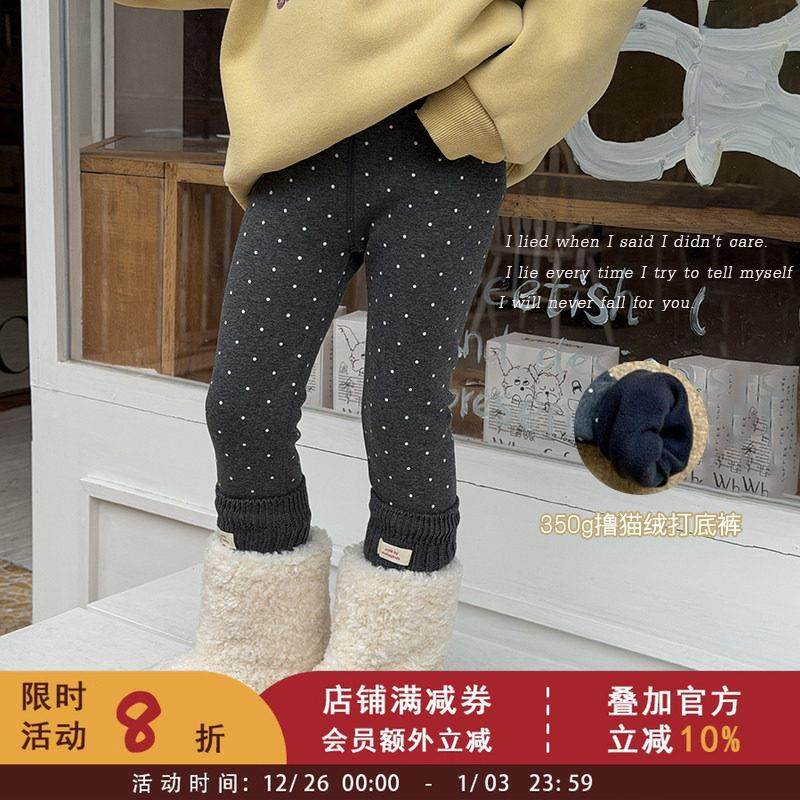 女童甜美加厚加绒波点女孩打底裤儿童宝宝冬季时髦保暖裤子