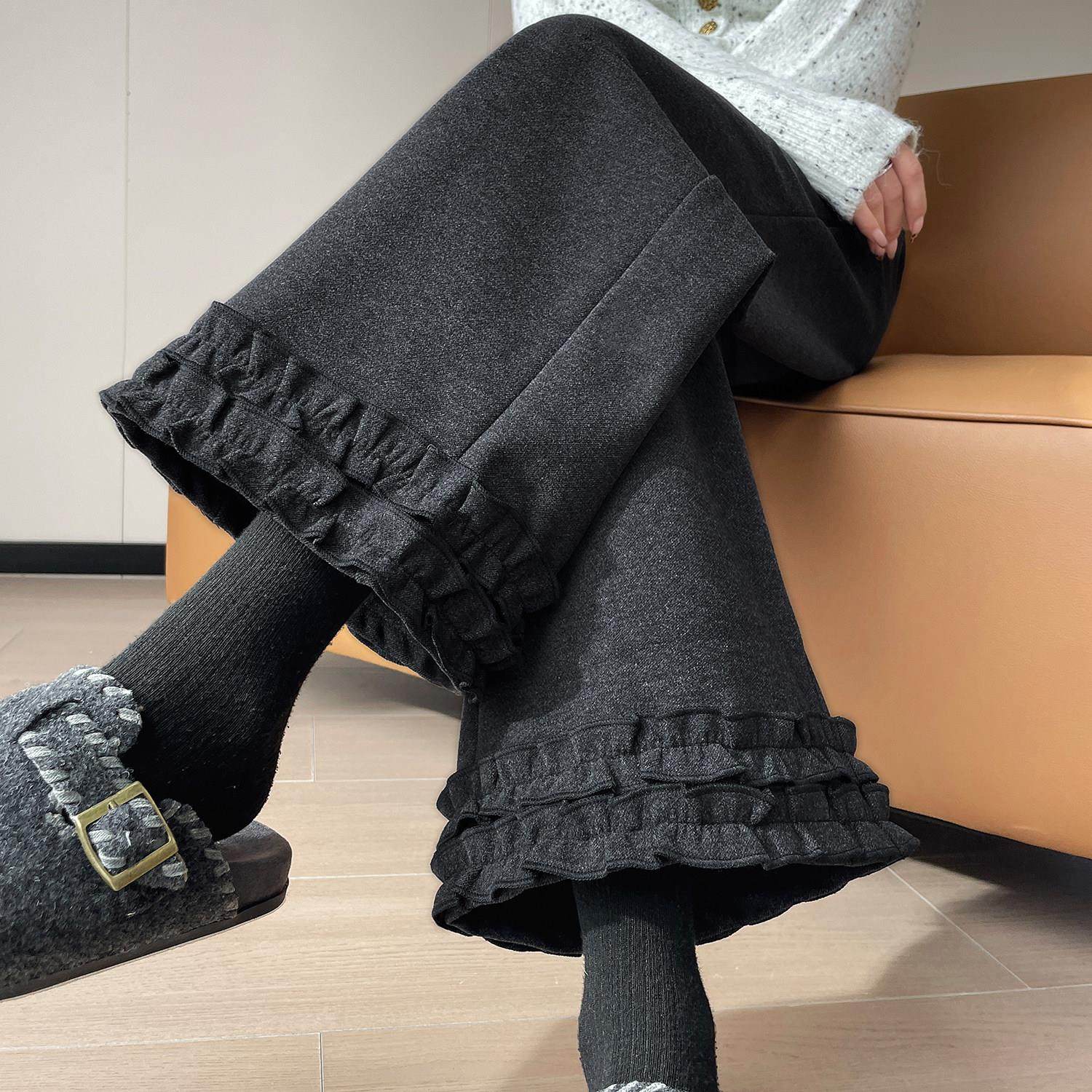 加厚灰色毛呢木耳花边阔腿裤女秋冬小个子高腰显瘦九分休闲西装裤