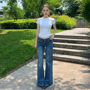 美式辣妹低腰牛仔裤女2025夏季新款竹节纹深蓝色直筒喇叭拖地裤子