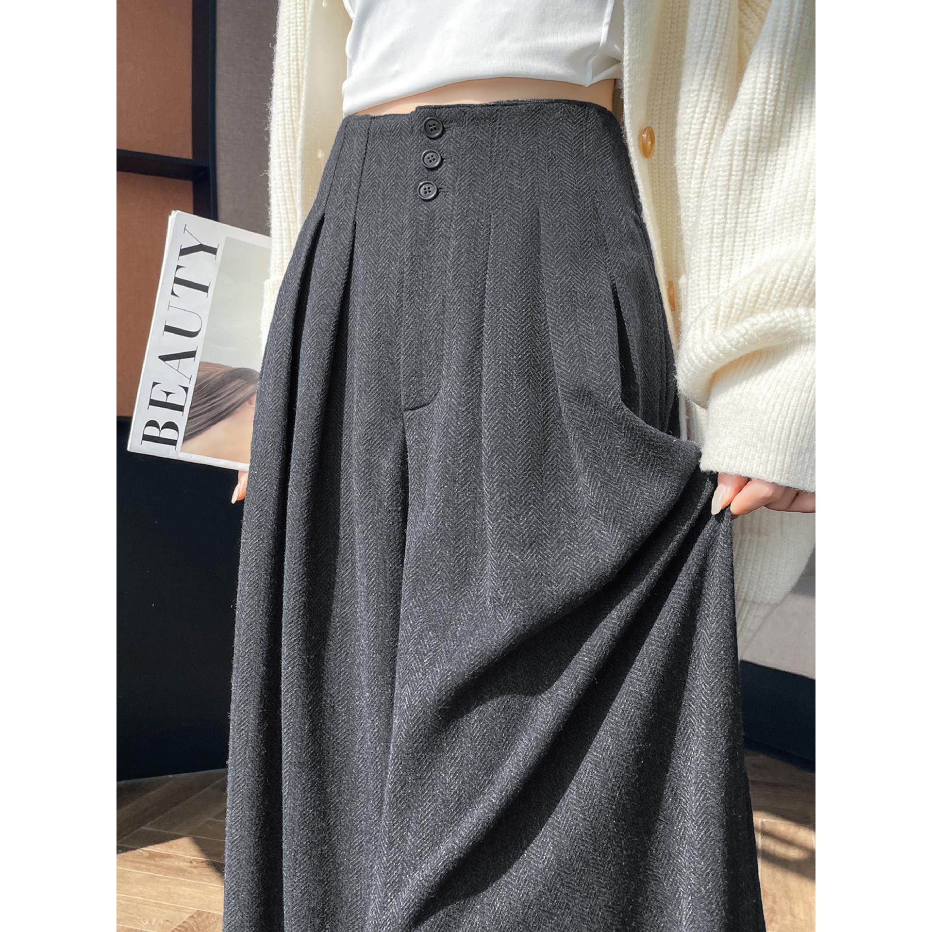 加绒加厚毛呢西装阔腿裤女秋冬高腰显瘦宽松垂感梨型身材拖地裤裙