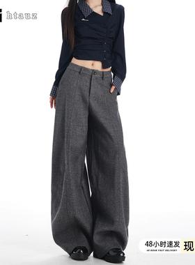 深灰色阔腿休闲加绒毛呢裤女2025冬季新款高腰宽松拖地垂感西装裤