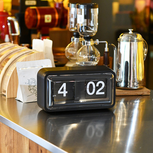 客厅创意自动翻页时钟表复古卧室黑白台钟摆件现代简约机械座钟