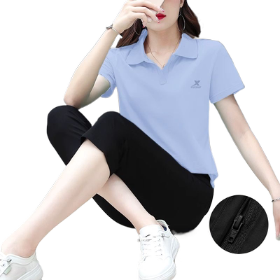 特步运动套装女2025夏季polo衫翻领短袖休闲七分裤透气居家两件套