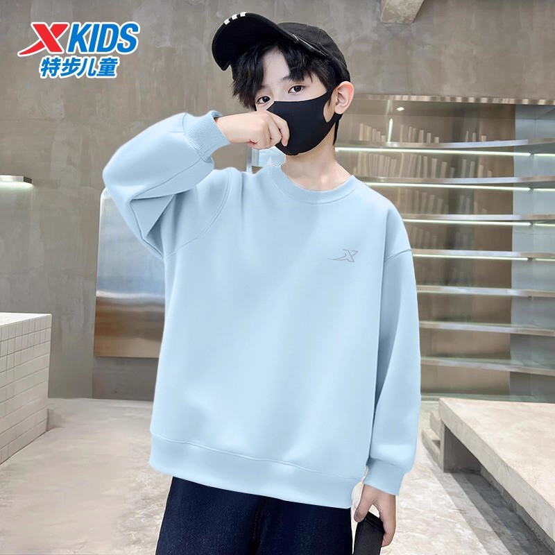 特步儿童卫衣男童中大童2025秋季新款正品蓝色T恤休闲运动服童装