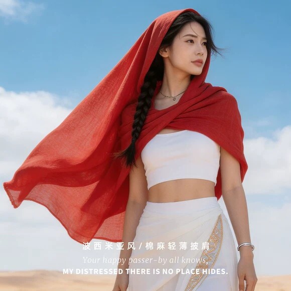 夏季防晒披肩女薄丝巾外搭民族风川西沙漠敦煌旅游拍照棉麻大纱巾