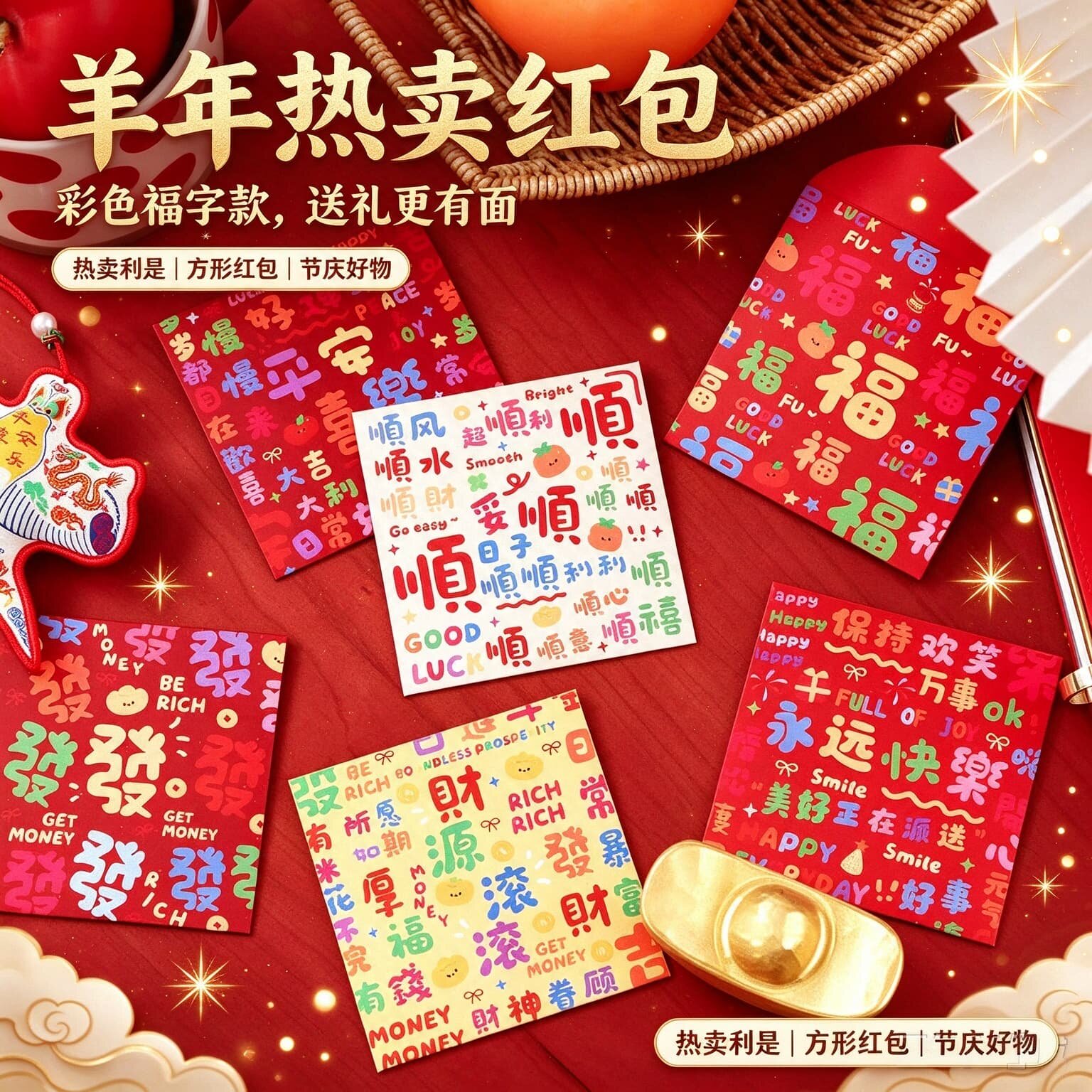创意文字百福吉祥红包方形利是封 新年可爱彩色字体压岁小红包袋