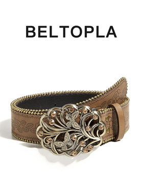 BELTOPLA美式复古着vintage棕色皮带民族风压花牛仔裤腰带男女潮