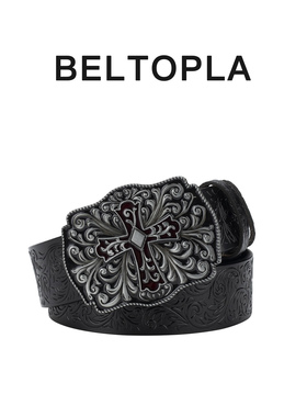 BELTOPLA美式复古压花十字架黑色腰带男女个性小众y2k亚文化皮带
