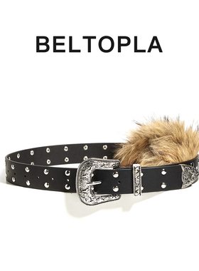 BELTOPLA美式复古朋克风y2k腰带女时尚小众毛毛拼接辣妹皮带配饰