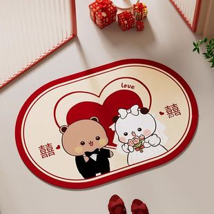 一二布布结婚喜字硅藻泥浴室防滑地垫卫生间红色喜庆吸水速干脚垫