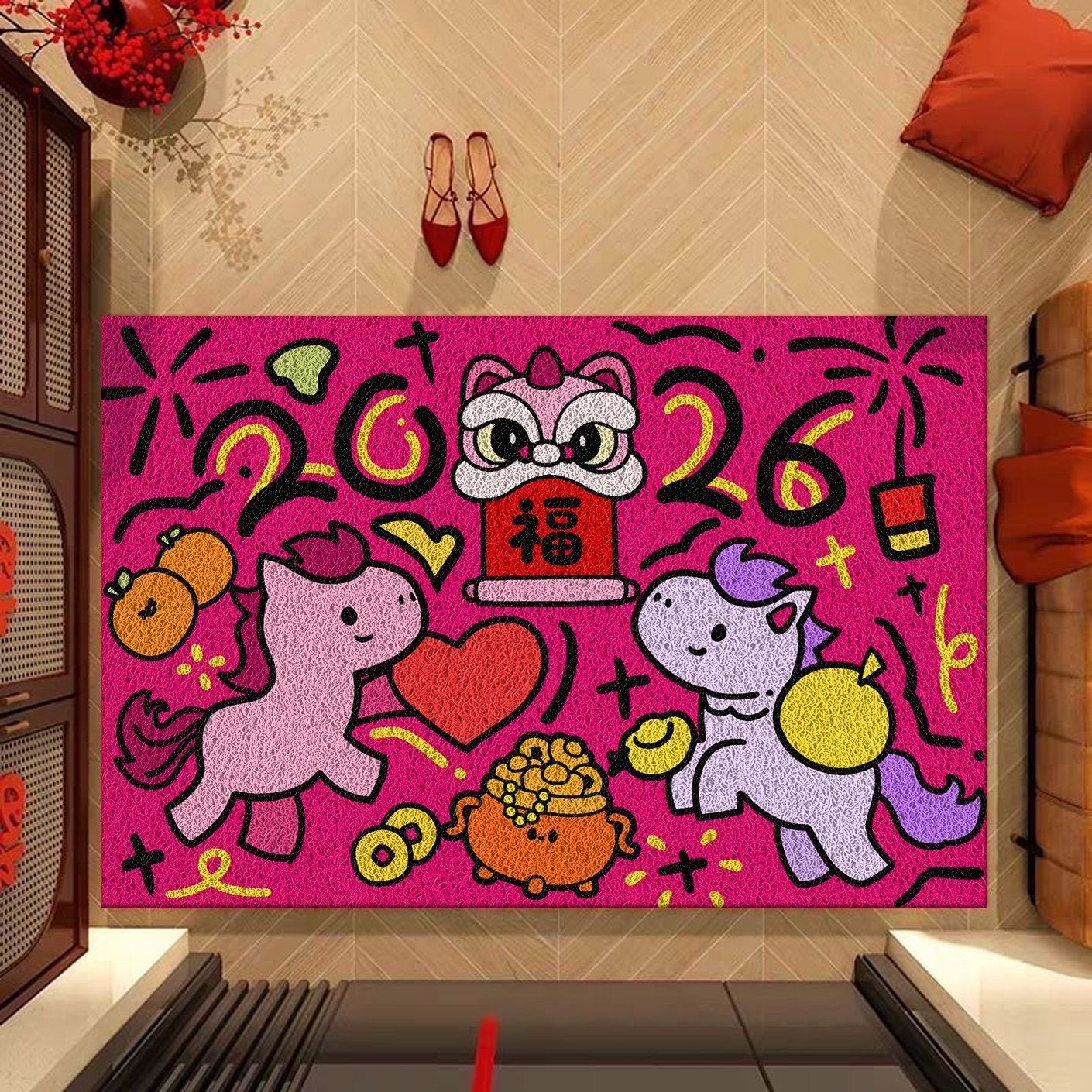 原创卡通马年入户丝圈地垫进门口防滑耐脏地毯家用除尘脚垫可裁剪,居家布艺,入户地垫,淘宝优惠券,粉丝福利购,淘宝优惠卷