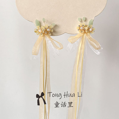 中秋古风小女孩黄色飘带黄素馨对夹儿童日常旗袍汉服丝带发夹头饰