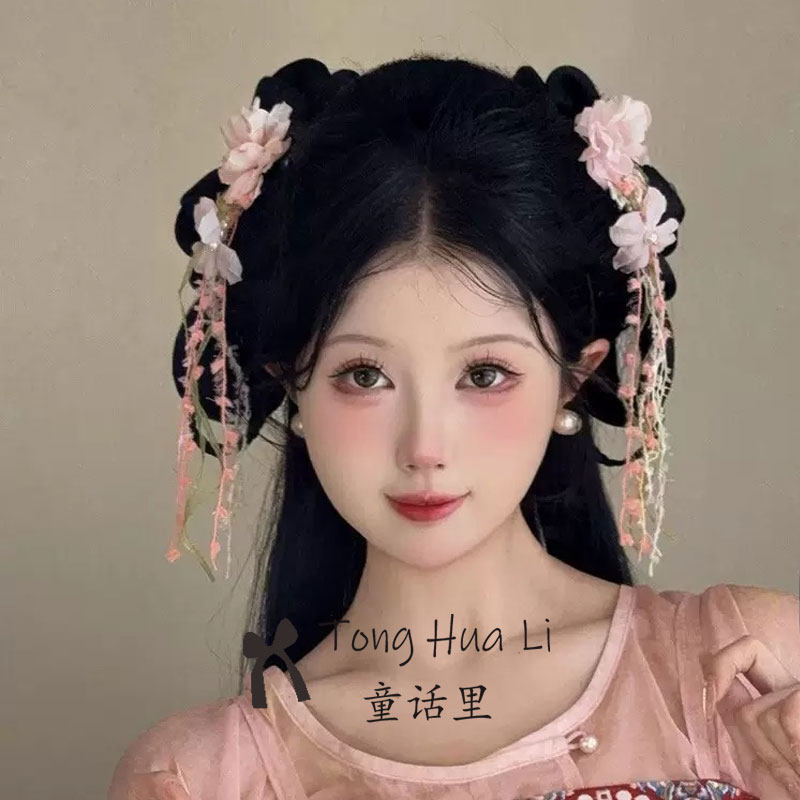 原创【椿时花开】超仙粉色花朵流苏发夹女侧边夹古风头花儿童发饰