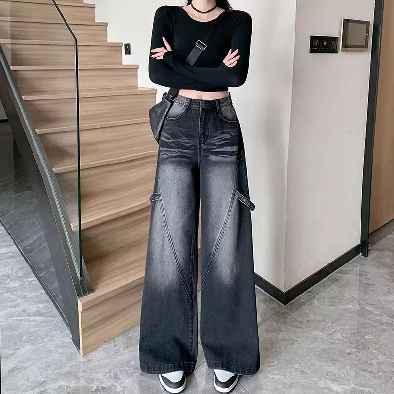 黑色渐变设计感阔腿牛仔裤女2025春夏季新款宽松高腰梨型身材裤子