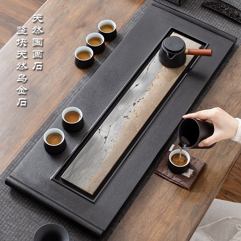 国画石茶盘家用天然整块乌金石高端轻奢中式茶台茶海创意茶具托盘
