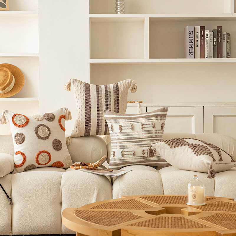 ins咖色圈绒抱枕客厅卧室沙发低调质感靠简约大气条纹几何靠枕