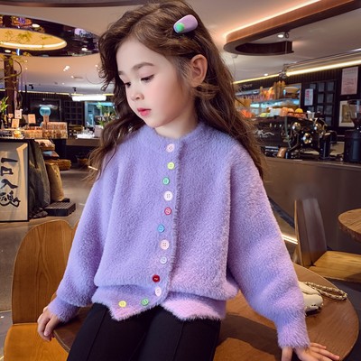 女童韩版彩色纽扣水貂绒毛衣
