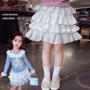 女童春装短裙2026新款儿童蕾丝花边半身裙女孩荷叶边白色蛋糕裙子