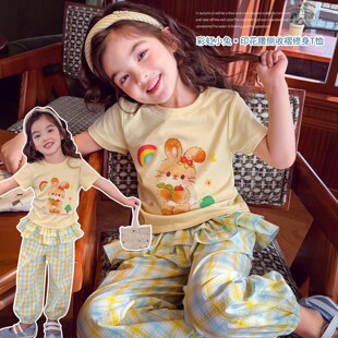 女童短袖夏装2026新款洋气儿童短款捏褶t恤女孩卡通印花套头上衣