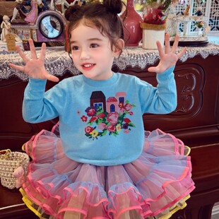 女童春装毛衣2026新款儿童韩版卡通薄款针织衫小女孩蓝色套头上衣