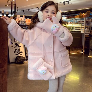 女童中长款外套冬装2025新款小女孩韩版皮毛一体加厚保暖连帽大衣