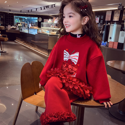 女童加绒樱桃卫衣喇叭裤两件套