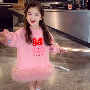 洋气网纱拼接小女孩连衣裙 长袖 女童卫衣裙秋冬2025新款 儿童韩版