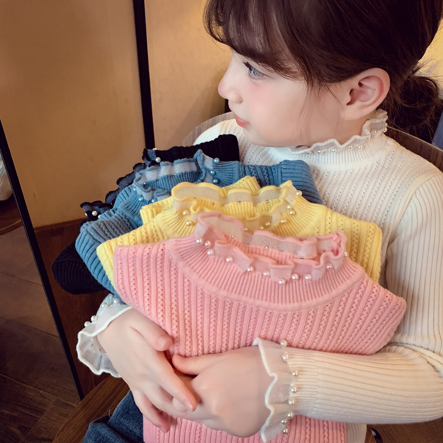 米米哈罗女童蕾丝花边领打底衫