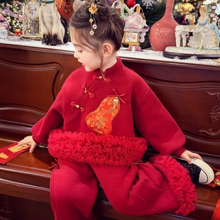 女童新年套装冬装2026新款儿童国风拜年红色加绒卫衣喇叭裤两件套