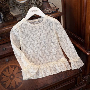 女童春装蕾丝打底衫2026新款儿童韩版喇叭袖圆领内搭女孩洋气上衣