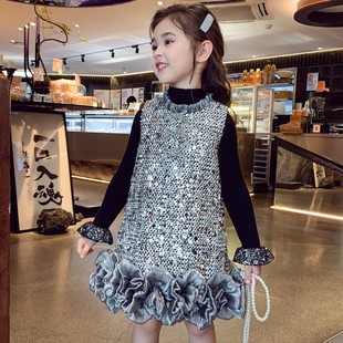 小香风夹棉外套亮片花苞连衣裙 小女孩韩版 女童背心裙冬装 2025新款