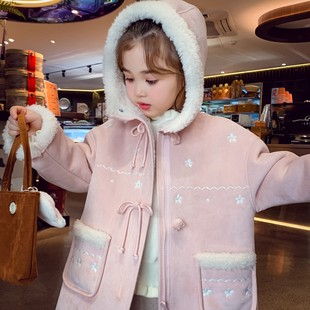 女童中长款外套冬装2025新款小女孩韩版麂皮保暖皮毛一体连帽大衣