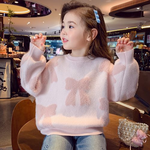 女童仿水貂绒蝴蝶结针织毛衣