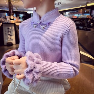 女童毛衣冬装2025新款儿童韩版国风新中式盘扣花边针织衫女孩上衣