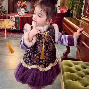 女童旗袍裙冬装2025新款儿童新中式国风织锦提花夹棉花苞裙连衣裙