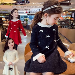 女童毛衣裙冬装2025新款儿童小香风蝴蝶结花边针织连衣裙女孩裙子