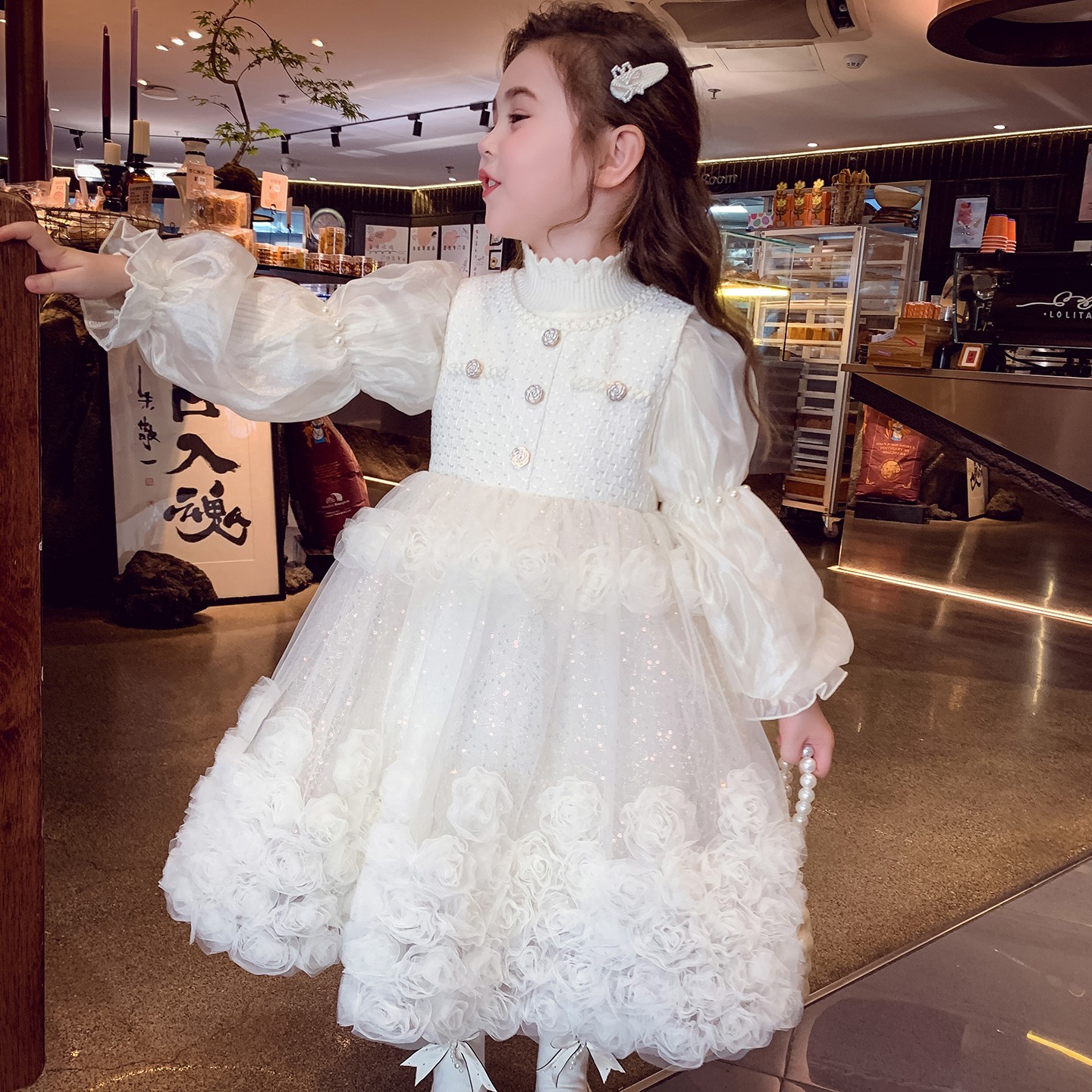 女童加绒小香风网纱蓬蓬公主裙