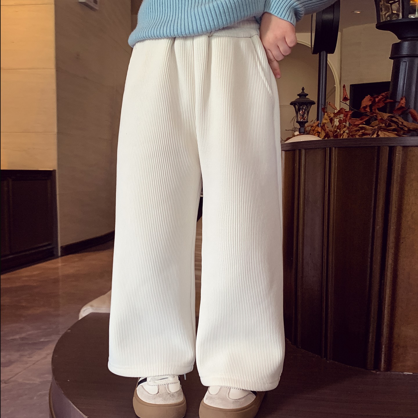 女童加绒阔腿裤冬装2025新款儿童韩版一体绒雪尼尔直筒裤女孩裤子